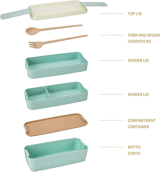 Rarapop 2 Pack Stackable Bento Box Japanese Lunch Box Kit with Spoon & Fork, 3-In-1 Compartment Wheat Straw Meal Prep Containers for Kids & Adults (Green/Beige)