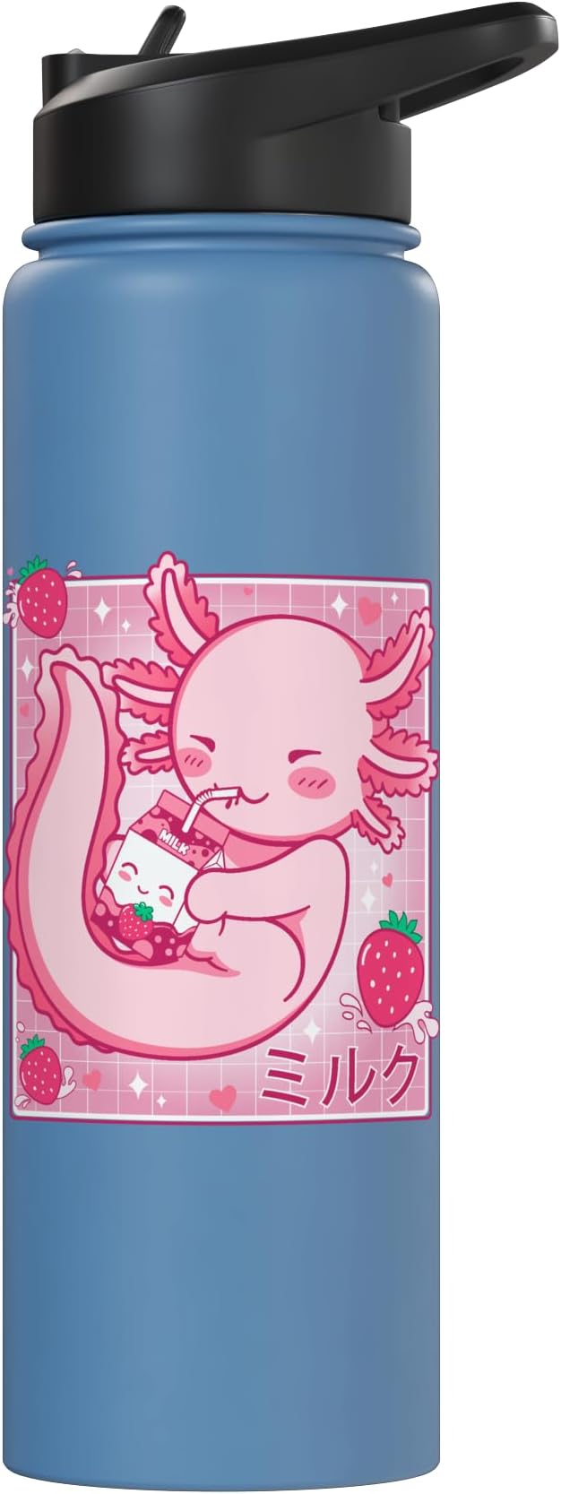 Kawaii Axolotl Strawberry Milk Shake Carton Japanese Anime Stainless Steel Insulated Water Bottle
