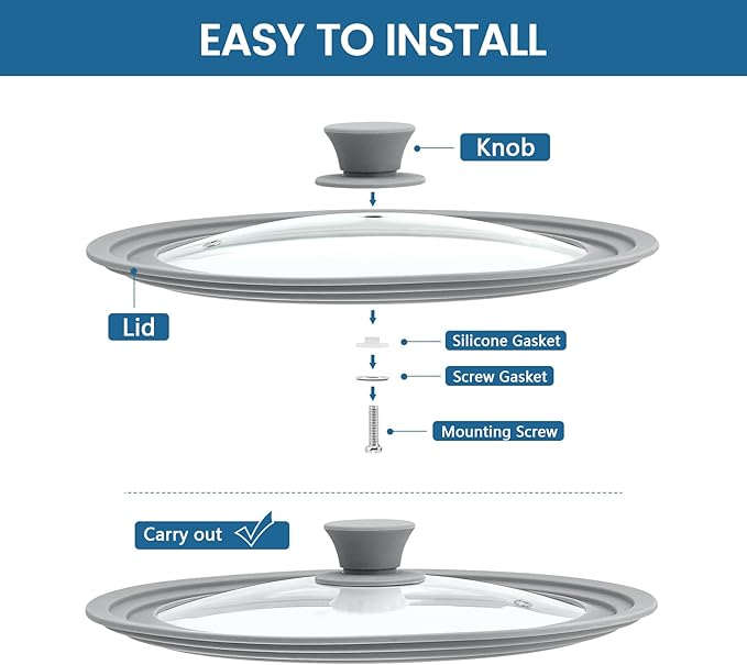 TOPULORS Universal Lid for Pots, Pans, and Skillets - Tempered Glass Lid with Silicone Rim Fits 8", 9", 9.5" Inner Diameter Cookware Frying Pan Cover Replacement Lid - Dishwasher Safe, Grey