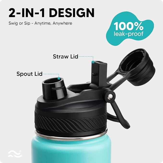 Swigina [2-IN-1 LID] Insulated Water Bottle with Silicone Boot (36hrs Cold/18hrs Hot) - DIY Stickers, Leakproof, BPA Free, 40 oz