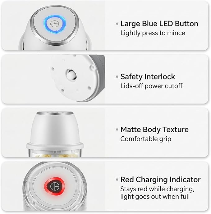 Electric Garlic Chopper, 350ml Mini Food Chopper with 6 Stainless Steel Blades & Thickened Glass, Cordless Food Processor for Garlic Ginger Herbs, White