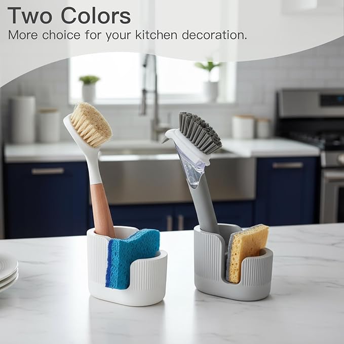 2-in-1 Diatomite Sponge Holder for Kitchen Sink, Quick-Drying Sponge and Dish Brush Holder, Absorbent Stone Sink Caddy Organizer, Light-Gray