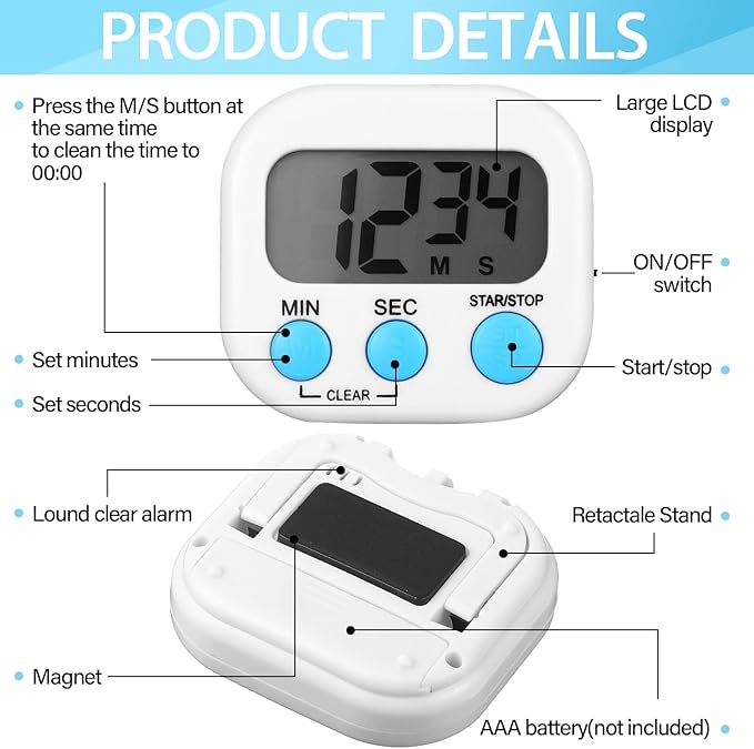 Weewooday 24 Pcs Digital Kitchen Timer Magnetic Timer Bulk On/Off Switch Minute Second Count up Countdown Loud Alarm for Exercise Cook Baking (White)