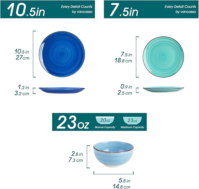 vancasso Bonita Plates and Bowls Sets 18 Pieces Blue Stoneware Service for 6, Modern Round Dinnerware Sets, Hand-Painted Spiral Dishes Set-Microwave and Dishwasher Safe (Blue,18 Pcs)