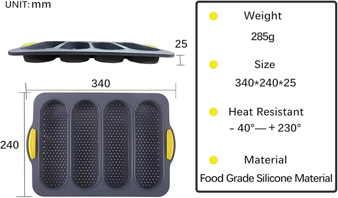 4-cavity Silicone Bread Loaf Pan, Nonstick Sourdough Loaf Pan & Heat Resistant Baguette Bread Pan, Bread Pans for Homemade Bread, Silicone Molds for Baking Hoagie Rolls, Sandwich, Hot Dog Buns