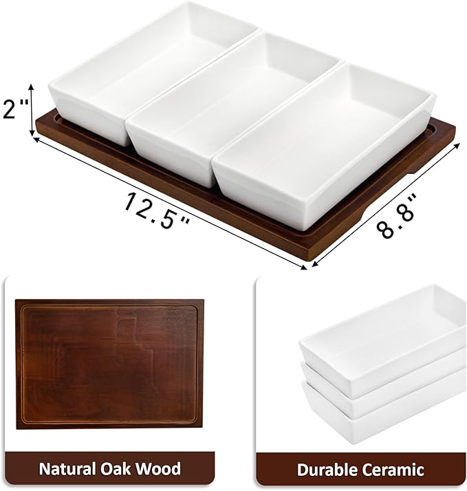 Elsjoy 3-Section Serving Tray, Wood Divided Serving Dish with Ceramic Bowls, 3-Compartment Food Platter Dipping Tray for Appetizer, Fruits, Bread