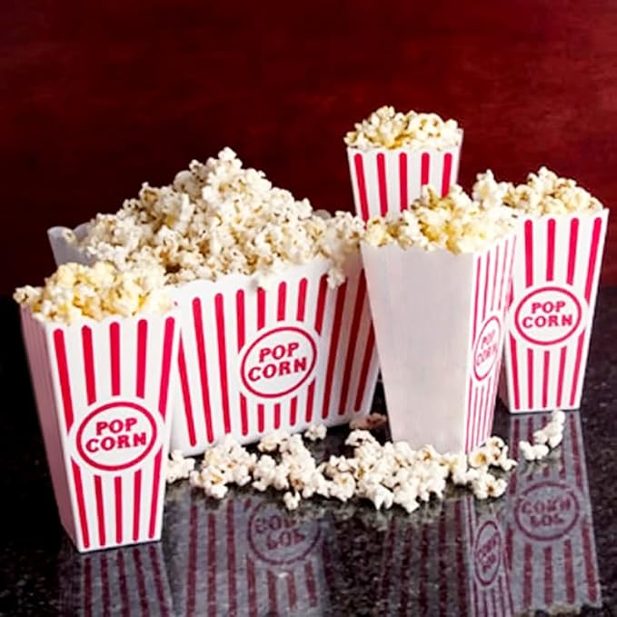 Novelty Place Plastic Red & White Striped Classic Popcorn Containers for Movie Night - 7.8" Tall x 3.8" Square (16 Pack)