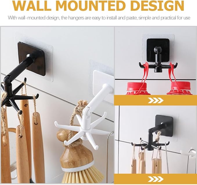 Healifty 4pcs Rotatable Kitchen Utensil Hooks Wall Hangers, Adhesive Under Cabinet Hook Set in Black and White, 360-degree Swivel Storage for Kitchen Organization and Easy Access
