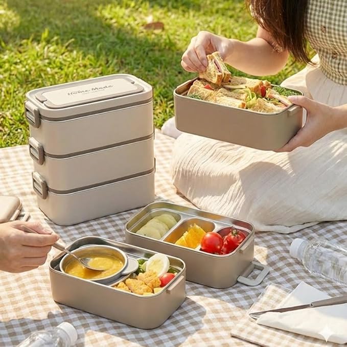 Bento Box Adult Lunch Box, Stackable 3-Layer 304 Stainless Steel for Adults, Office, 3L Capacity, Portable, Soup Bowl, Spoon & Fork, Metal Lunch Box, Tiffin (Beige)