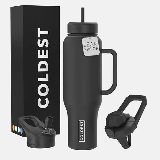 Coldest Tumbler with Handle and Straw - 100% Leak Proof Insulated Tumbler with Lid and Straw (3 Lids) - Stainless Steel Tumblers for Women & Men - Cup Holder Friendly Base, 46 oz (Stealth Black)