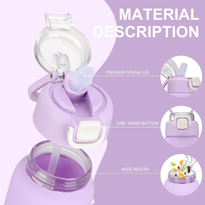 chunmo 32 oz Glass Water Bottle with 2 Lids-Handle Spout Lid & Straw Lid, 1 Liter Motivational Borosilicate Water Bottle with Time Marker and Silicone Sleeve,Leakproof-Purple-1 Pack