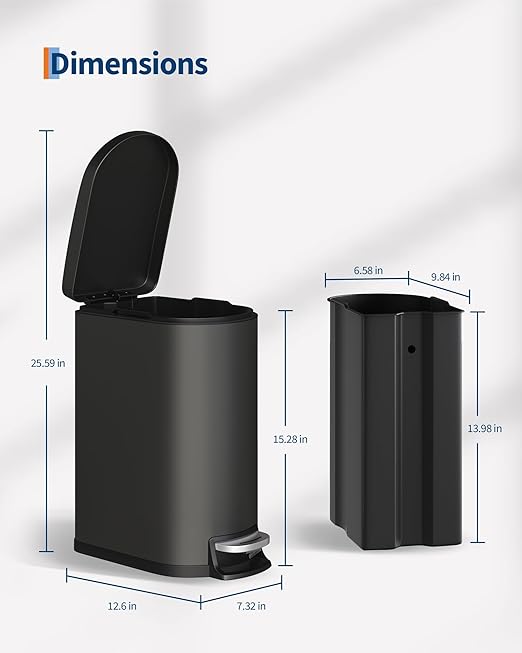 2.6 Gallon Bathroom Trash Can with Lid, Slim Step Pedal Garbage Bin, Stainless Steel Wastebasket with Soft-Close Lid, Removable Inner Bucket & Rear Handle for Bathroom, Office & Small Spaces-Black