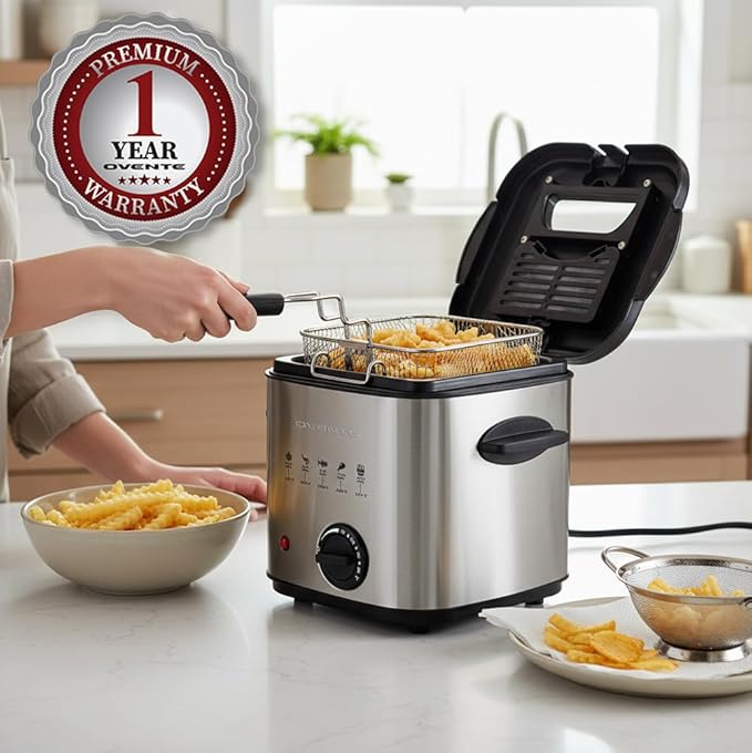 OVENTE Electric Deep Fryer, 1.5L Capacity, 800W with Adjustable Temperature, Viewing Window Lid, Removable Frying Basket & Cool-Touch Handles, Stainless Steel Countertop Fryer, Silver FDM1501BR