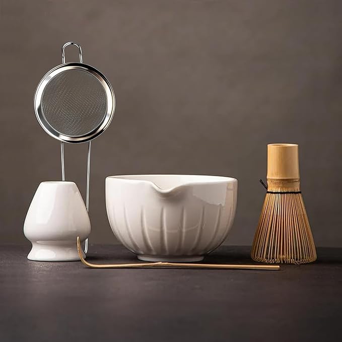 TANG PIN Matcha Set - Match Bowl and Whisk, 15 OZ, Matcha Scoop | Matcha Whisk Stand (Chasen Holder) - 4pc Perfect Matcha Kit for Matcha Tea Ceremony (White)
