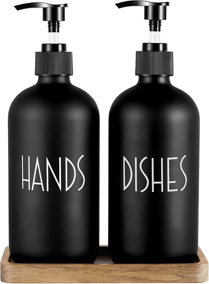 ALELION Black Dish Soap Dispenser Set for Kitchen - 16 OZ Hand Soap Dispenser with Pump and Acacia Wood Tray - for Black Kitchen Decor and Accessories