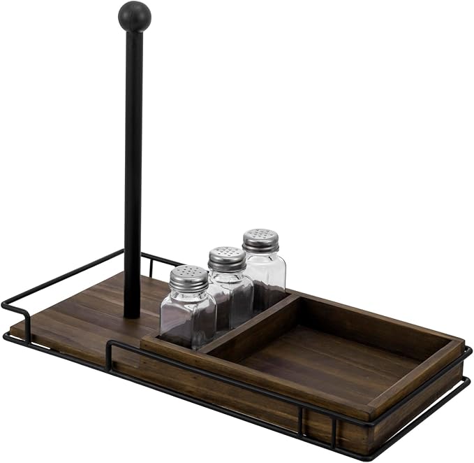 MyGift Paper Towel Holder with Napkin Holder and 3 Spice Shakers, Rustic Burnt Solid Wood and Industrial Matte Black Metal Paper Towel Roll Dispenser, Farmhouse Kitchen Stoage