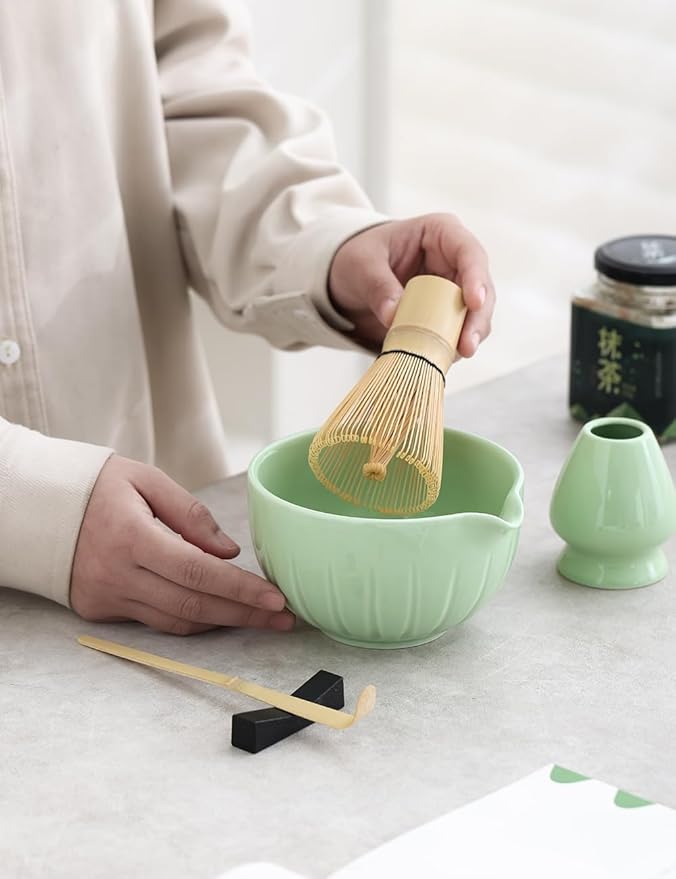 TANG PIN Matcha Set - Match Bowl and Whisk, 15 OZ, Matcha Scoop | Matcha Whisk Stand (Chasen Holder) - 4pc Perfect Matcha Kit for Matcha Tea Ceremony (Green)