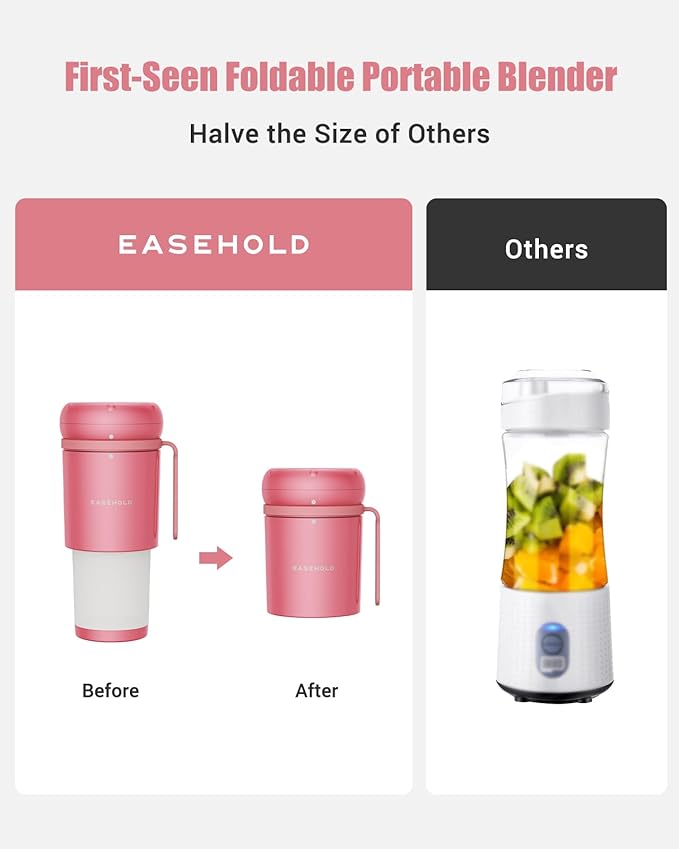 EASEHOLD Portable Blender for Smoothies, Magnetic Rechargeable Personal Blender with Ultra Sharp 4 Blades, Foldable Travel Juicer Cup, BPA-Free 10.5oz To-Go Mixer for Shakes, Gym, Office
