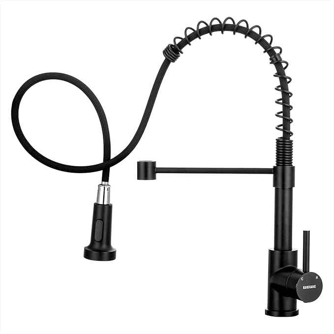 WEWE Faucet for Kitchen Sink, Kitchen Faucets Black Stainless Steel Commercial Spring Kitchen Faucet with Pull Down Sprayer, One Hole or 3 Hole Kitchen Faucet for RV Outdoor Farmhouse Camper Bar Sinks