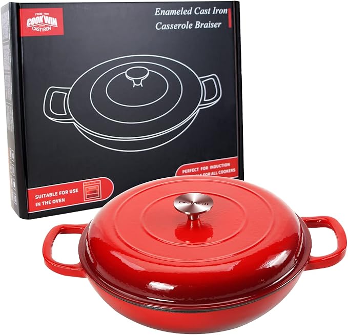 COOKWIN Cast Iron Casserole Braiser, 3.8 Quart Enameled Cast Iron Dutch Oven Pan with Lid, Heavy Duty and Dual Handles Skillet, Oven-Safe Porcelain Surface Casserole Dish, Red