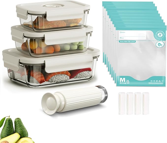Vacuum Sealer & Food Storage Container for Food, Vacuum Sealer for Food + 3 Glass Vacuum Containers |Rectangle [21 Oz/35 Oz/50 Oz]+ 10 Reusable Food Saver Sealer Bags,For Freezer, Meal Prep