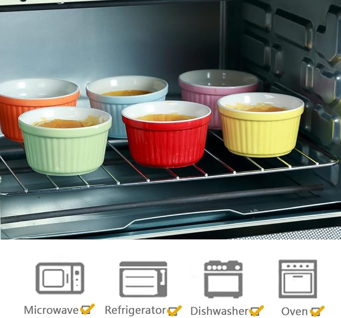 Ramekins 6oz Oven Safe,Creme Brulee Ramekin and Souffle Dishes,Porcelain Baking Bowls,Dipping Sauce Dish.Pudding Cups,Set of 6,Colorful.