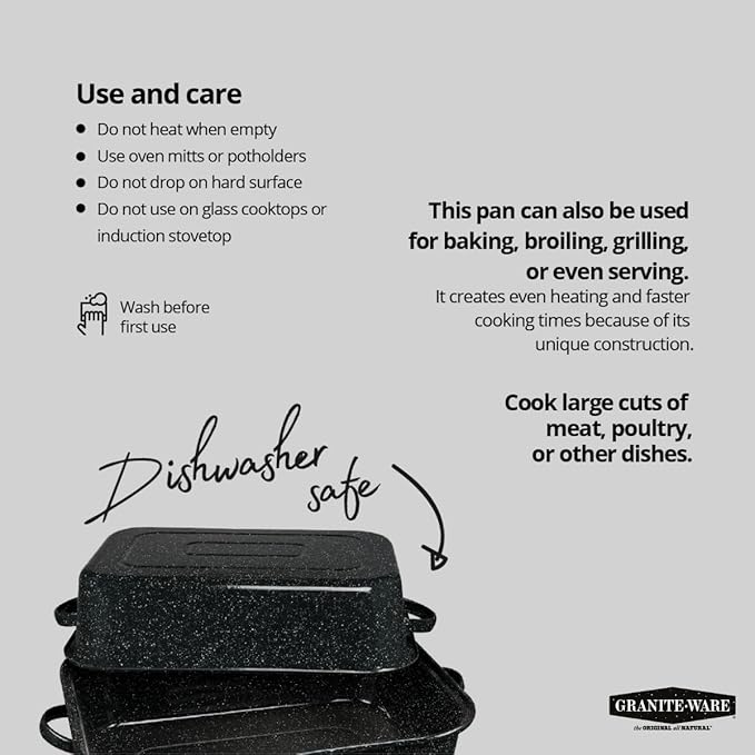 Granite Ware 19-Inch Covered Rectangular Roaster - Enamel Steel Cookware, Nonstick & Chemical-Free, Dishwasher Safe - 25 Lb Capacity, Large Roasting Pan for Meats, Poultry, Vegetables (Speckled Black)