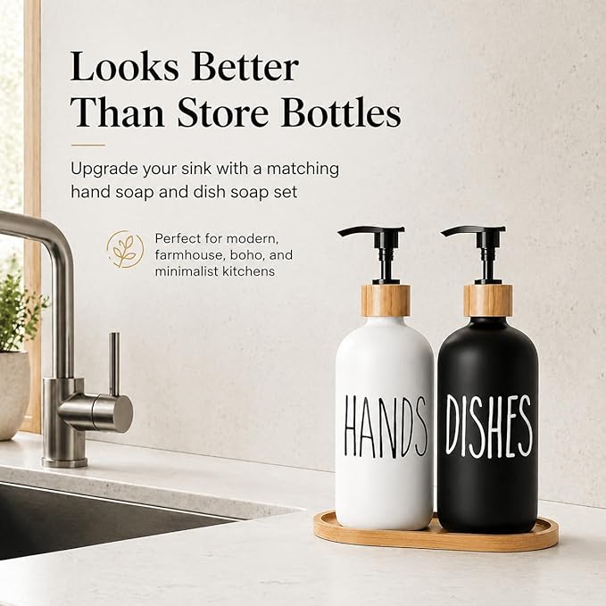 Dish Soap Dispenser for Kitchen Sink.Glass Hand Soap Dispenser, Modern Farmhouse Decorfor Bathroom,Kitchen Sink Decor