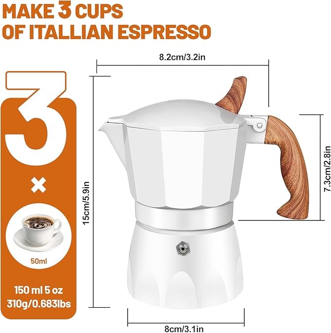 3 Cup Aluminum Espresso Stovetop Moka Pot Express Coffee Maker Percolator Italian Classic Mocha Coffee Machine for Italian and Cuban Cafe Brewing for Home & Camping 150ml 5oz