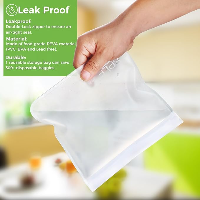 SPLF 6 Pack Dishwasher Safe Reusable Gallon Freezer Bags, BPA FREE Extra Thick Reusable Storage Bags Leakproof Silicone and Plastic Free for Marinate Meats, Cereal, Sandwich, Snack, Travel Items
