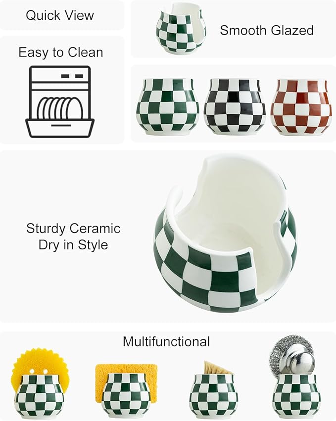 Kitchen Sponge Holder, Ceramic Sponge Organizer Checkered Scrubby Holder Sink Caddy Scrub Dish Rack for Kitchen, Bathroom, Sink, Christmas Decor, Green and White