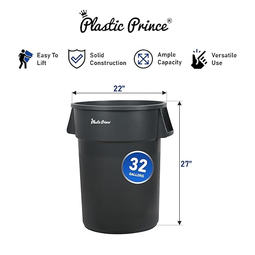 PLASTIC PRINCE 32 Gallon Round Trash Can with Lid and Dolly Gray Plastic Commercial Garbage Container for Home Garage Restaurants Warehouses - Bundle