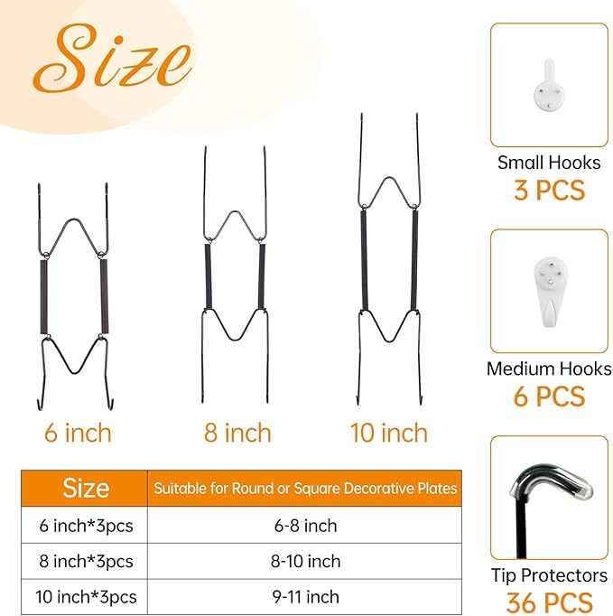 Bilillo 9-Piece Stainless Steel Wall Plate Hangers, 6/8/10 Inch Invisible Decorative Wire Plate Holders with 9 Pieces Wall Hooks for 6 to 11 Inch (Black)