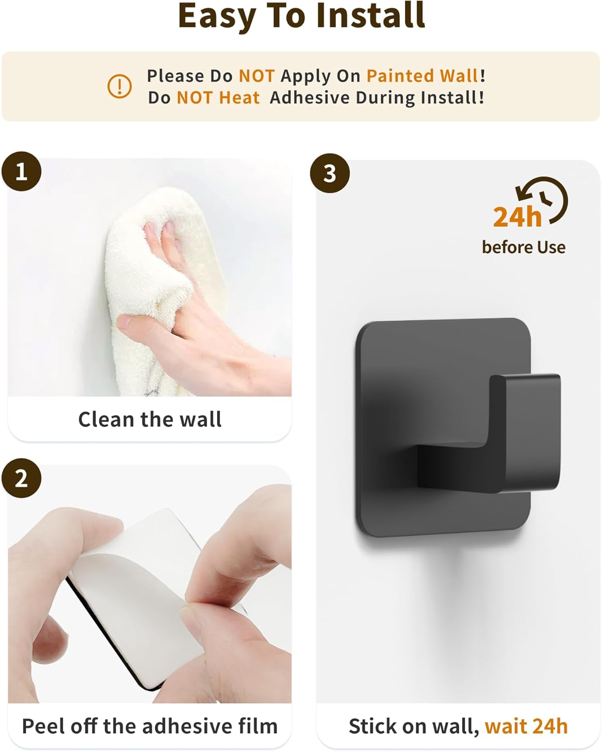 Square Self Adhesive Towel Hooks - 2 Pack Matte Black Metal Hooks, Right-Angle Design for Towels, Robes & Hats, Organize Bathroom, Kitchen, Entryway, Doors, Cabinets on Smooth Surfaces