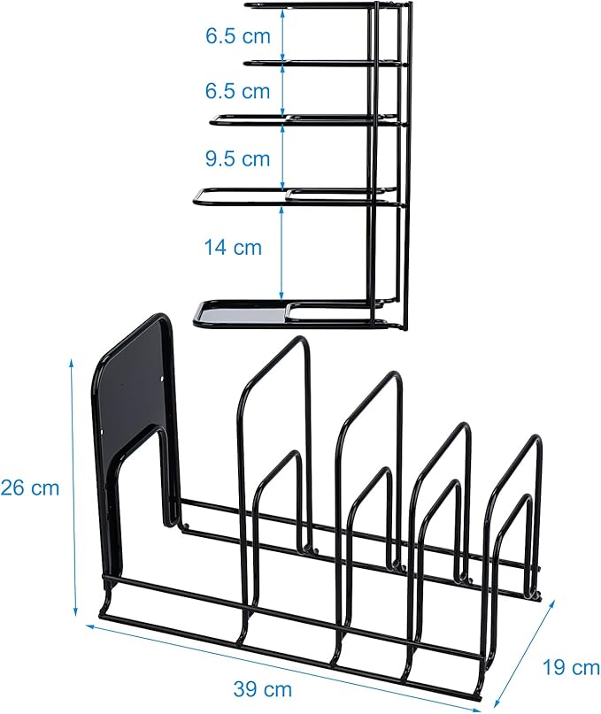 Toplife 2 Pack Heavy Duty Pan Organizer, 5 Tier Pot and Pan Organizer Rack for Cast Iron Skillets, Griddles and Pots - Sturdy Steel Construction- No Assembly Required - Black