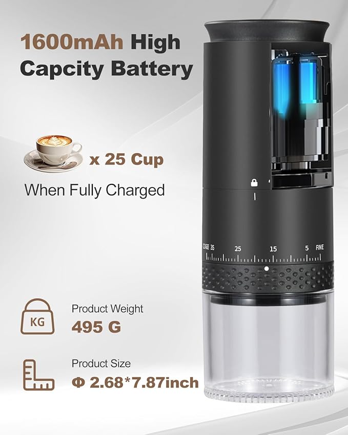 Portable Electric 420 Stainless Steel Burr Coffee Grinder, Rechargeable Espresso Grinder with 38 Adjustable Grind Settings