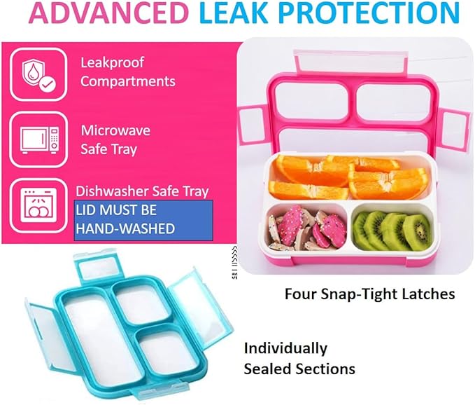 Small Snack Containers for Kids Toddlers - 3 Compartments (Set of 2) - Leak-Proof Reusable Boxes with Lids -BPA-Free Plastic Mini Bento Lunch Box - Ideal for School, Daycare - Holds 2 Cups (Pink+Blue)