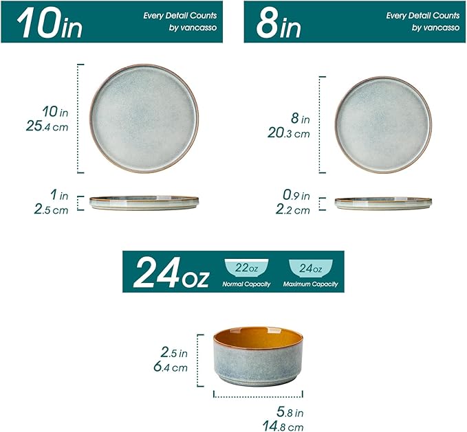 vancasso ONION Ceramic Plates and Bowls Sets, 24 Pieces Light Blue Dinnerware Sets for Kitchen, Reactive Glaze Dishes Set for 8, Dishwasher and Microwave Safe