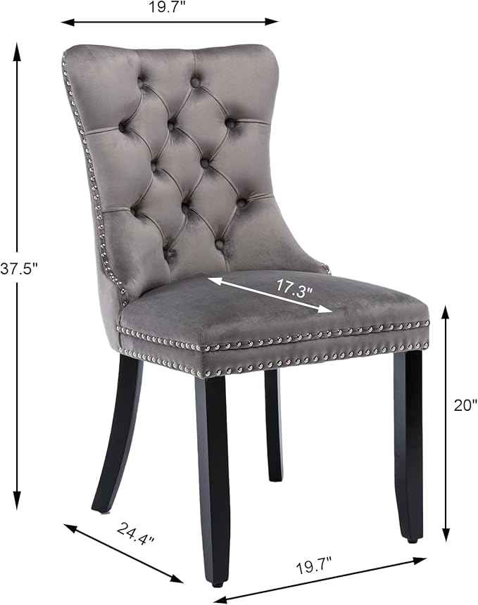 Grey Velvet Dining Chairs Set of 4, Upholstered Dining Room Chairs with Back Ring Pull Trim and Solid Wood Legs,Tufted Wingback Kitchen Chairs for Dining Room,Living Room,Kitchen(Grey)