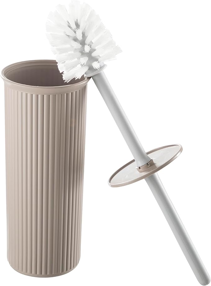Superio Ribbed Collection - Decorative Plastic Toilet Bowl Brush and Holder Set, Taupe (2 Pack) Cleaner Scrubber for Bathroom