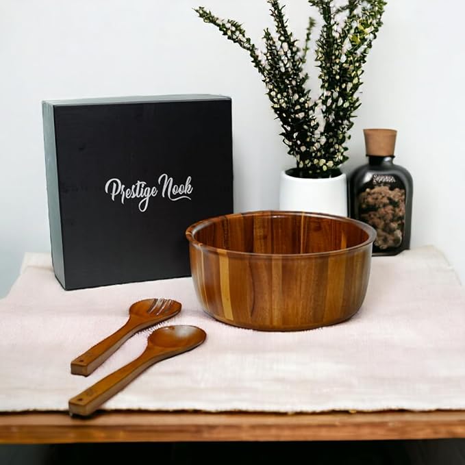 Extra Large Wooden Salad Bowl - 12“ x 5” Acacia Wood Serving bowl with 2 servers, Large Fruit bowl for food with serving utensils, Housewarming Wedding Christmas Gift