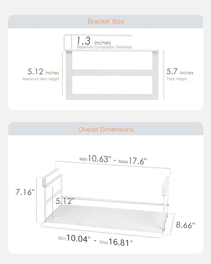 2Pack Under Shelf Storage Basket Organizer Expandable Width Add-On Space Saver Hanging Under Cabinet Pantry Kitchen Countertop Desktop Board Slide-in White Heavy-Duty Metal Higher Size