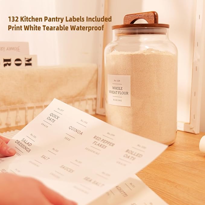 2 Pack Large Glass Flour and Sugar Containers with 132 Pantry Labels - 1 Gallon Glass Canisters with Bamboo Airtight Lids - Farmhouse Glass Cookie Jars for Rice, Pasta, Cereal, Bath Salt