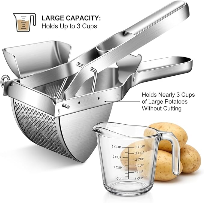 Stainless Steel Potato Ricer with Dough Scraper - Masher for Mashed Potatoes, Gnocchi & Fruit - Dishwasher Safe