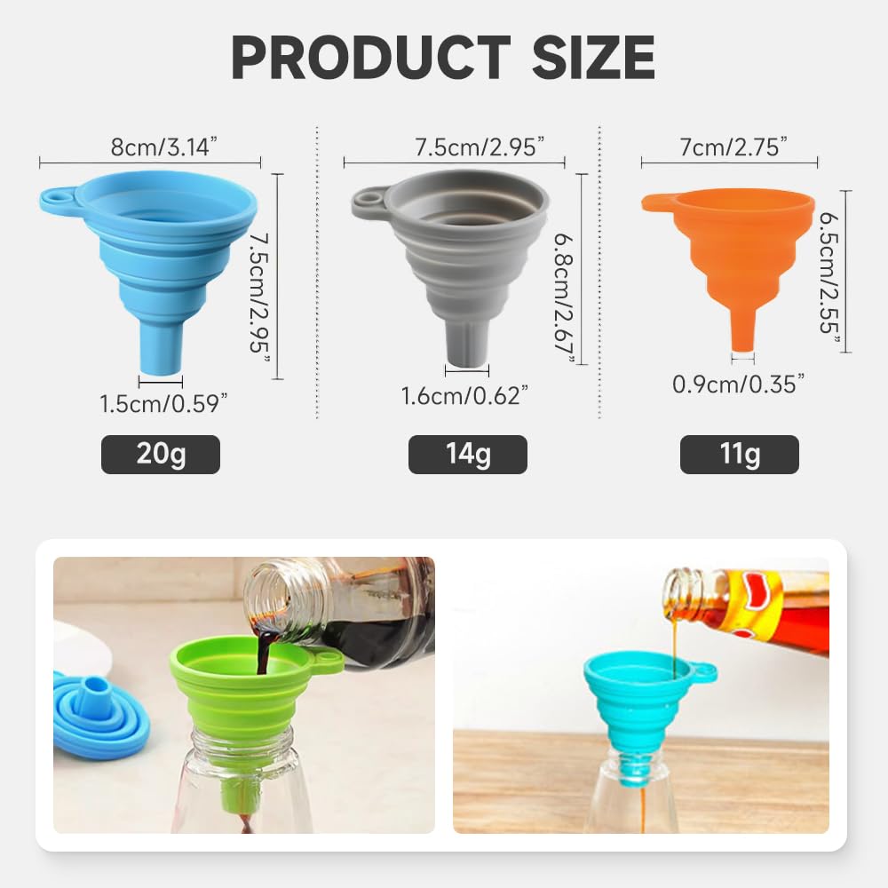 Kitchen Funnel Set, 2025 Upgrade Silicone Collapsible Funnel Silicone Collapsible Food Funnels for Kitchen 3 Sizes Funnels for Home Use Filling Bottles Daily Cooking (Grey, 1Set 11+14+20g)