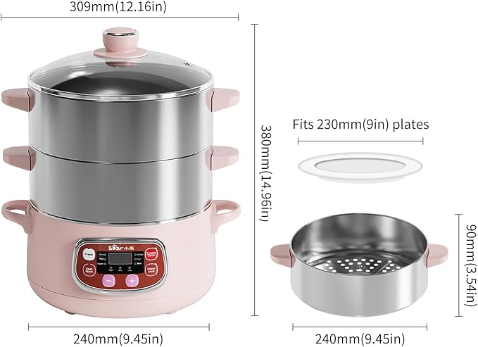 Bear Electric Multifunctional Food Steamer, One Touch Digital Steamer with Timer, Vegetable Steamer 2 Tiered Stackable Stainless Steel Baskets, Auto Shut-off & Anti-dry Protection, 1200W, 8.5Quart