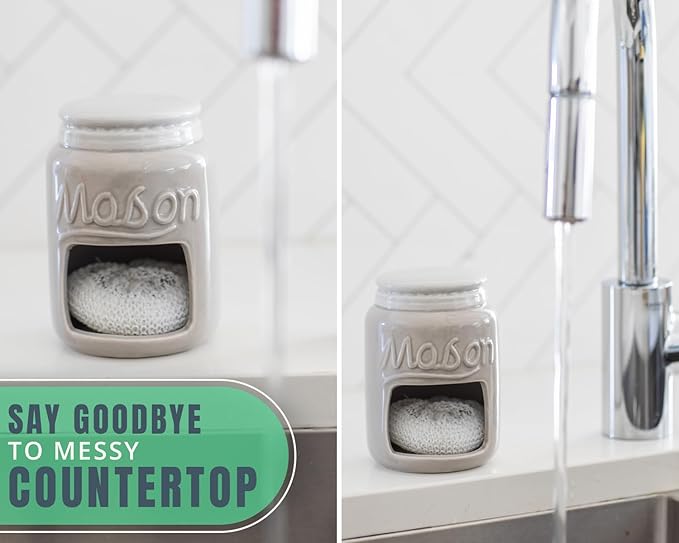 Comfify Ceramic Kitchen Sponge Holder - Farmhouse Style Sink Caddy - Mason Jar Decorative Kitchen Accessory - Country Rustic Sink Decor - Includes Free Sponge - Grey