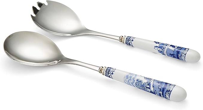 Spode Blue Italian Collection Salad Servers | 2 Piece Spoon and Fork Set | 10 Inch | Blue and White | Made of Porcelain and Stainless Steel | Italian Countryside Design