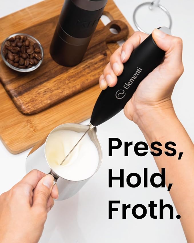 Elementi Milk Frother Wand & Drink Mixer with Stand - Turbo Milk & Coffee Frother Handheld - Hand Held Coffee Mixer Wand & Cold Foam Maker for Frothy Cappuccinos, Lattes & Drink Mixes (Burgundy)