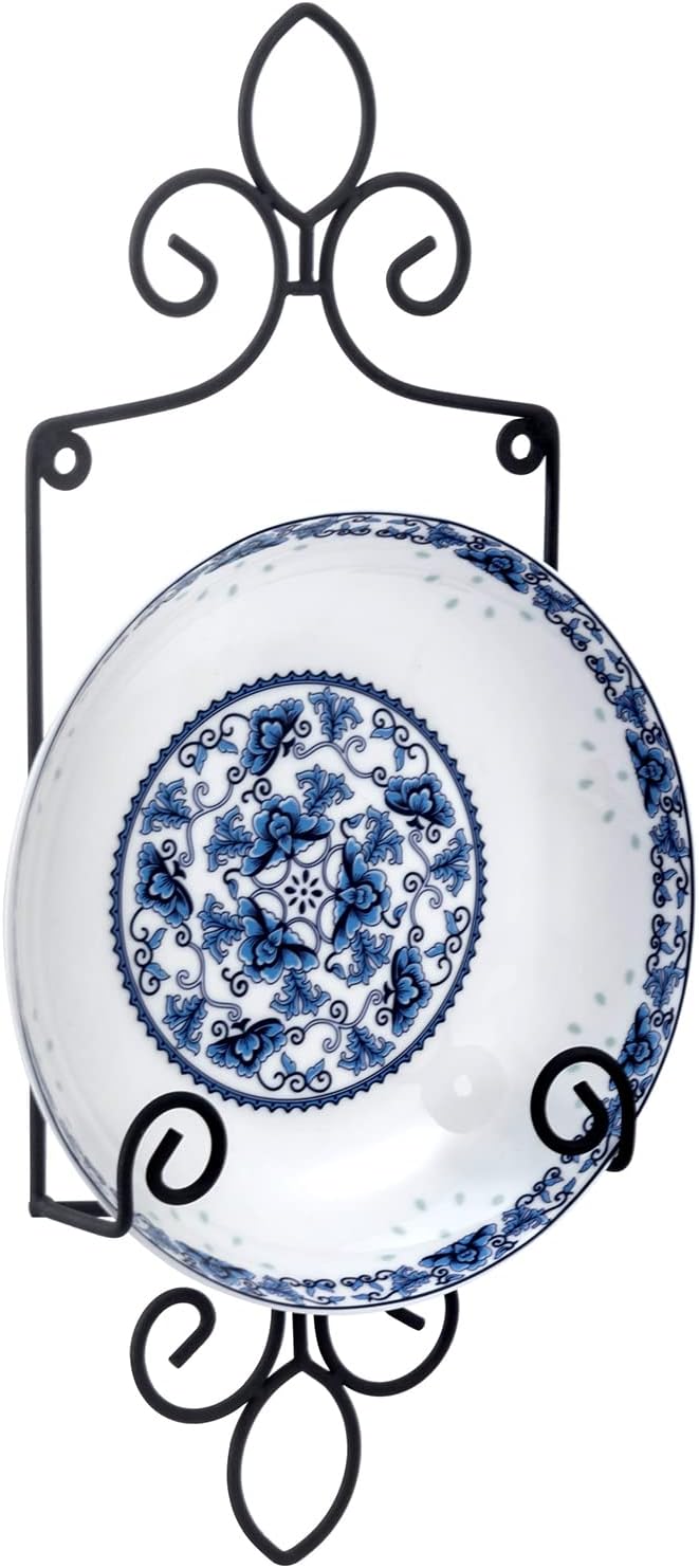 MyGift Wall-Mounted Vertical Single Plate Holder Rack with Vintage Black Metal Decorative Scrollwork Design, Holds Plates Up To 8 Inches